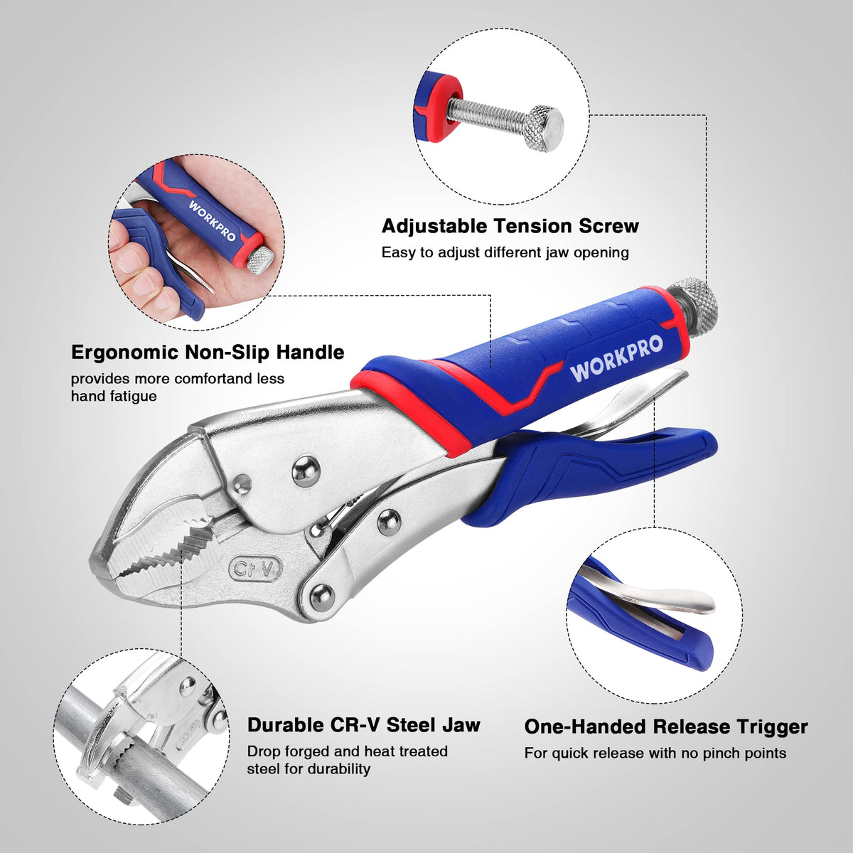 WORKPRO 9-inch curved jaw locking pliers for heavy-duty gripping and torque