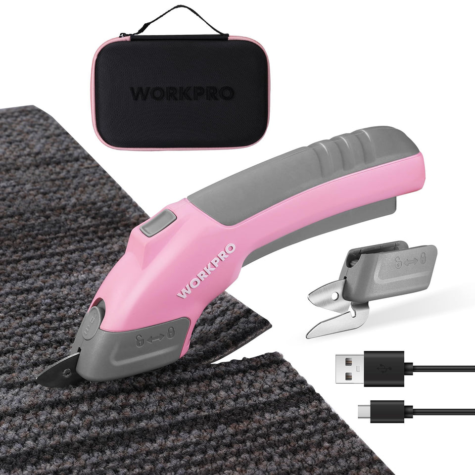 WORKPRO 4V cordless electric scissors with storage case for quick, mess-free storage.