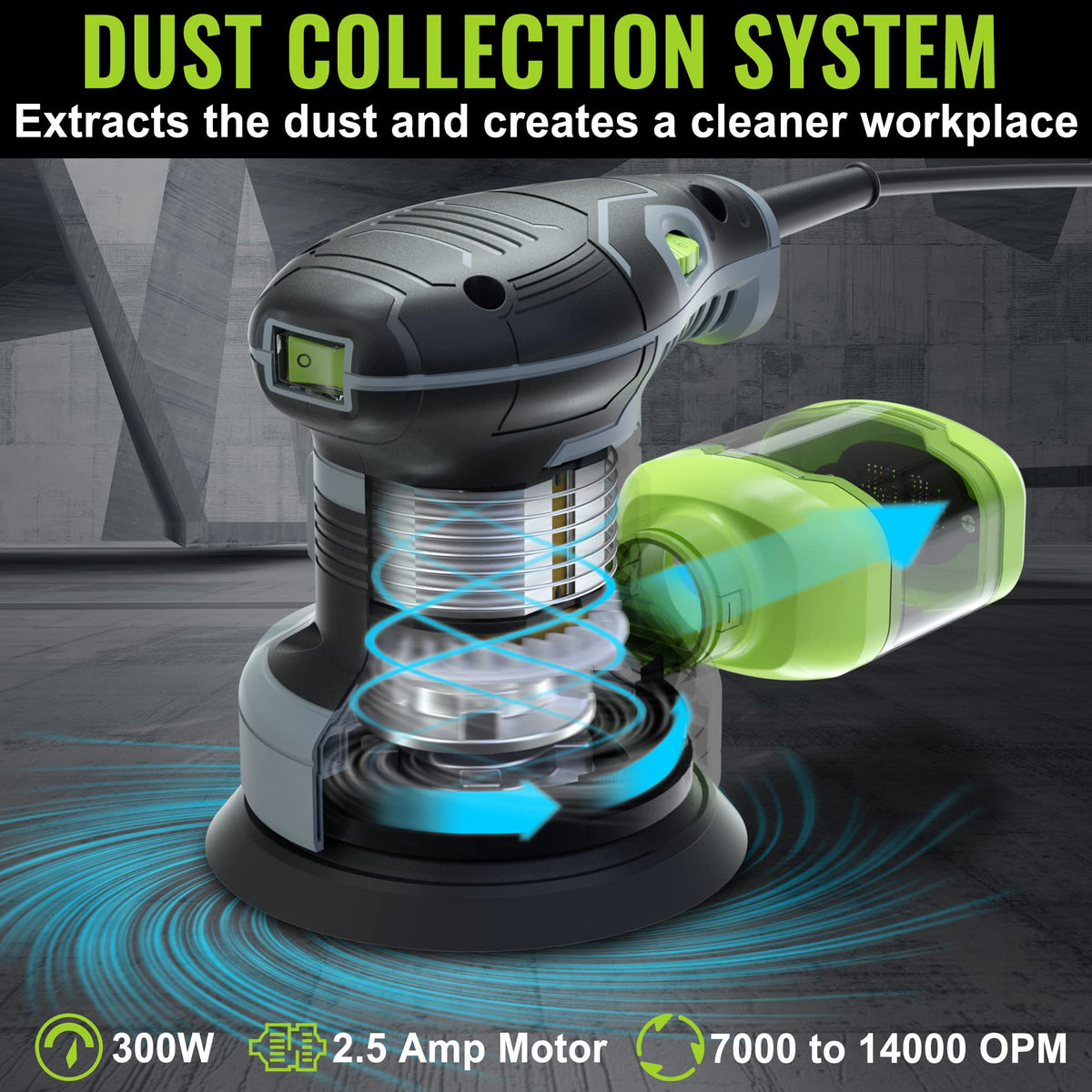 Dust canister helps contain particles for cleaner air while sanding wood and other surfaces