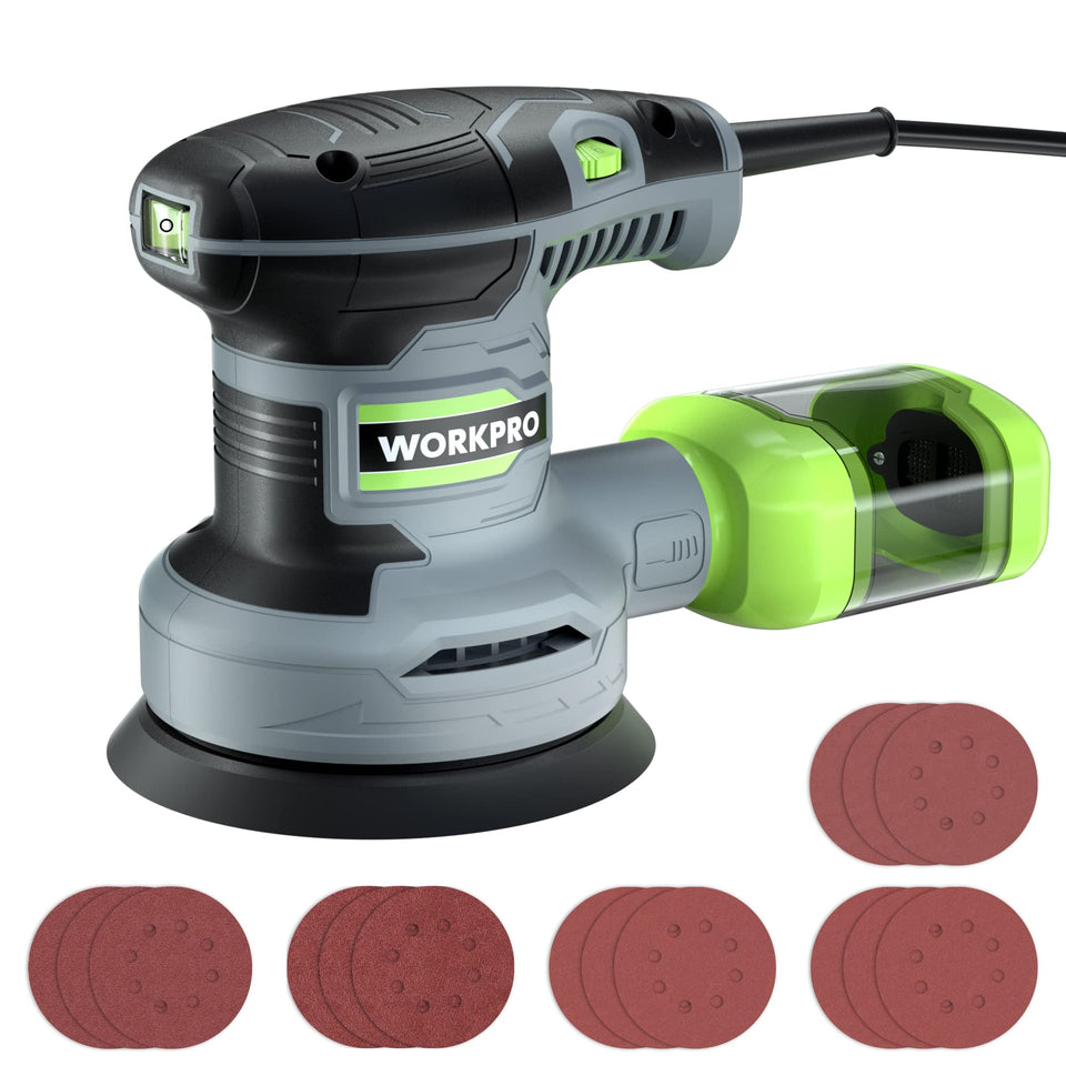 WORKPRO 5-Inch Random Orbit Sander with dust collector helps keep workspace clean during finishing