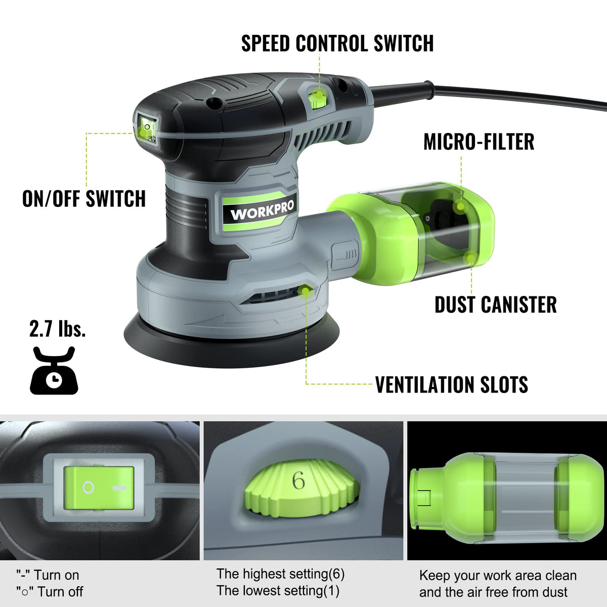 WORKPRO 5-Inch Random Orbit Sander with variable-speed control for precise surface finishing