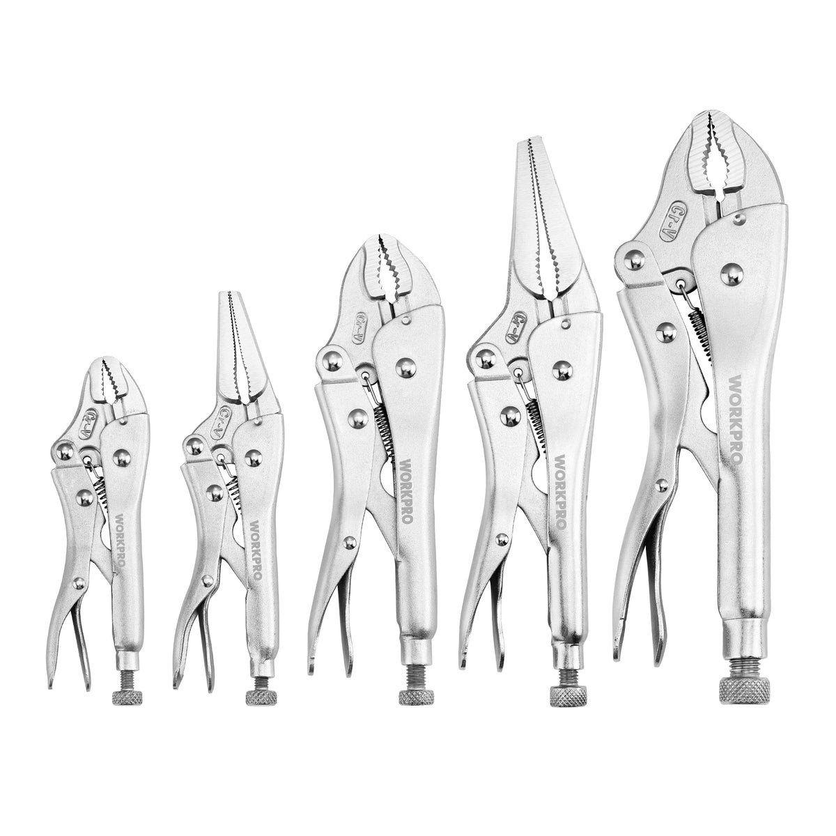 WORKPRO 5-piece locking pliers set with 5-inch curved jaw showing compact grip