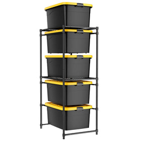 WORKPRO 5-Tier Tote Storage Rack front view keeps 27-gallon totes neatly accessible.