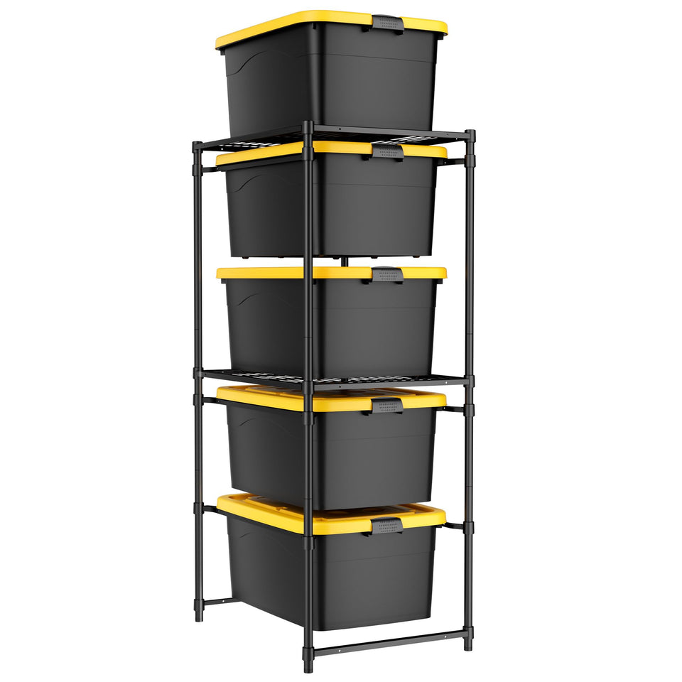 WORKPRO 5-Tier Tote Storage Rack front view keeps 27-gallon totes neatly accessible.