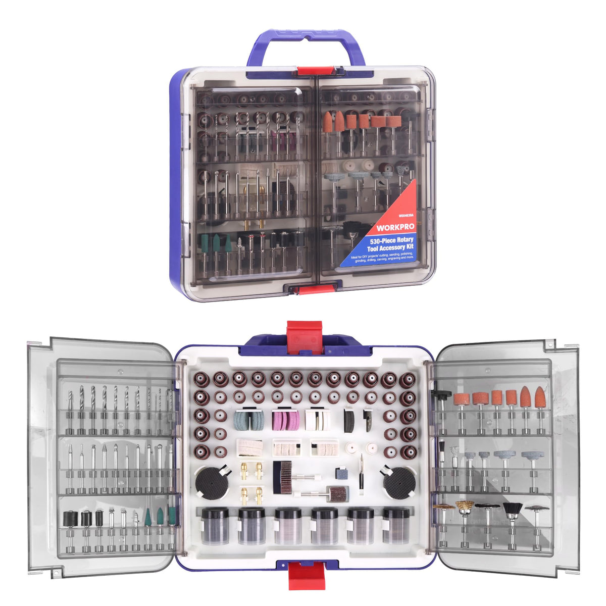 WORKPRO 530-piece rotary tool kit case with organized accessories for easy setup