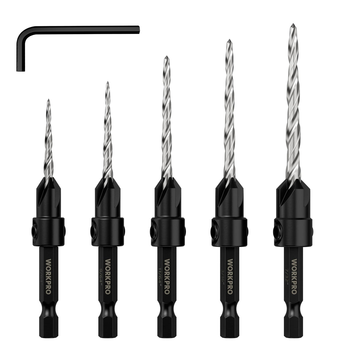 WORKPRO 5-pack countersink bits set covers all sizes for precise woodworking