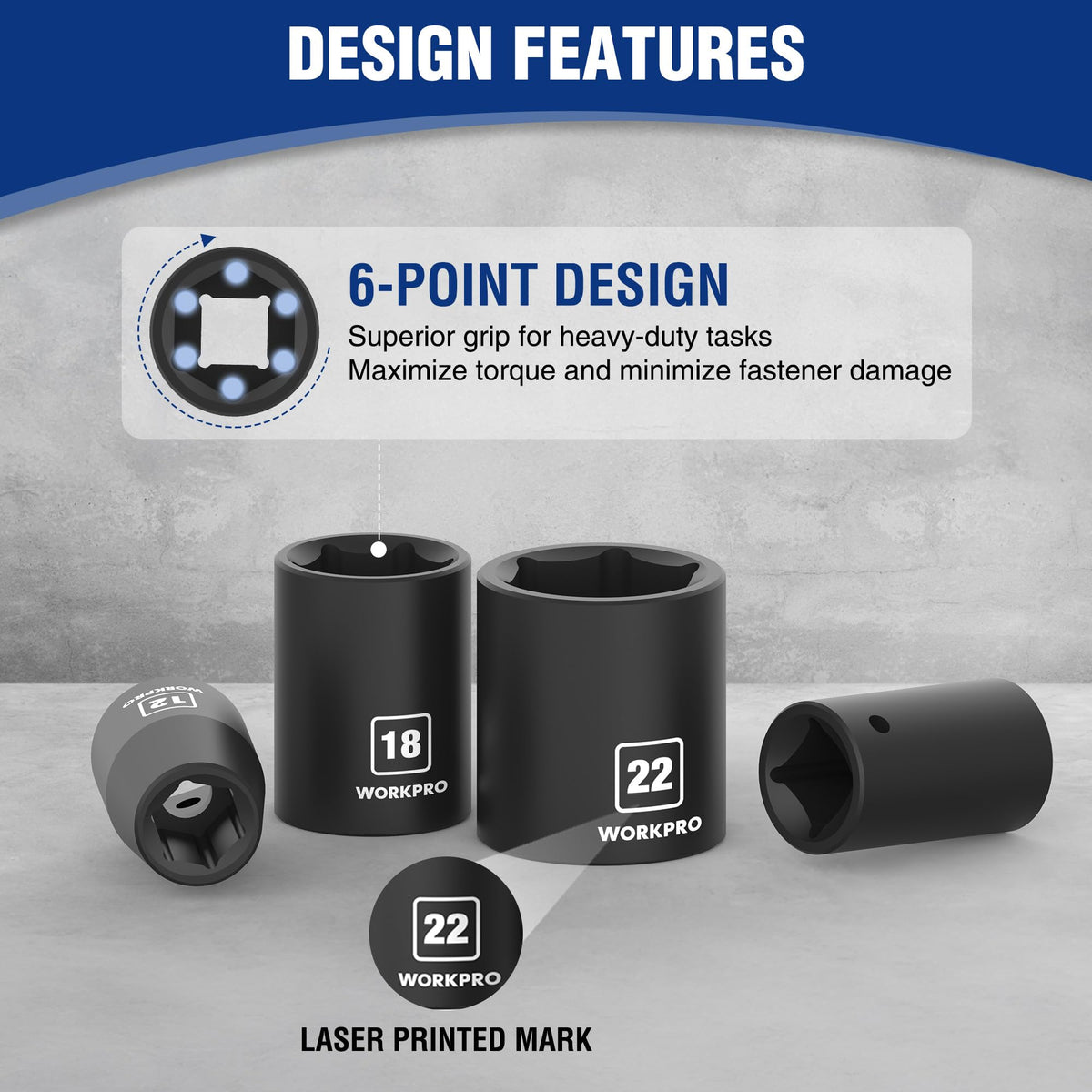 WORKPRO 6-point design sockets provide tight grip for high-torque fasteners.