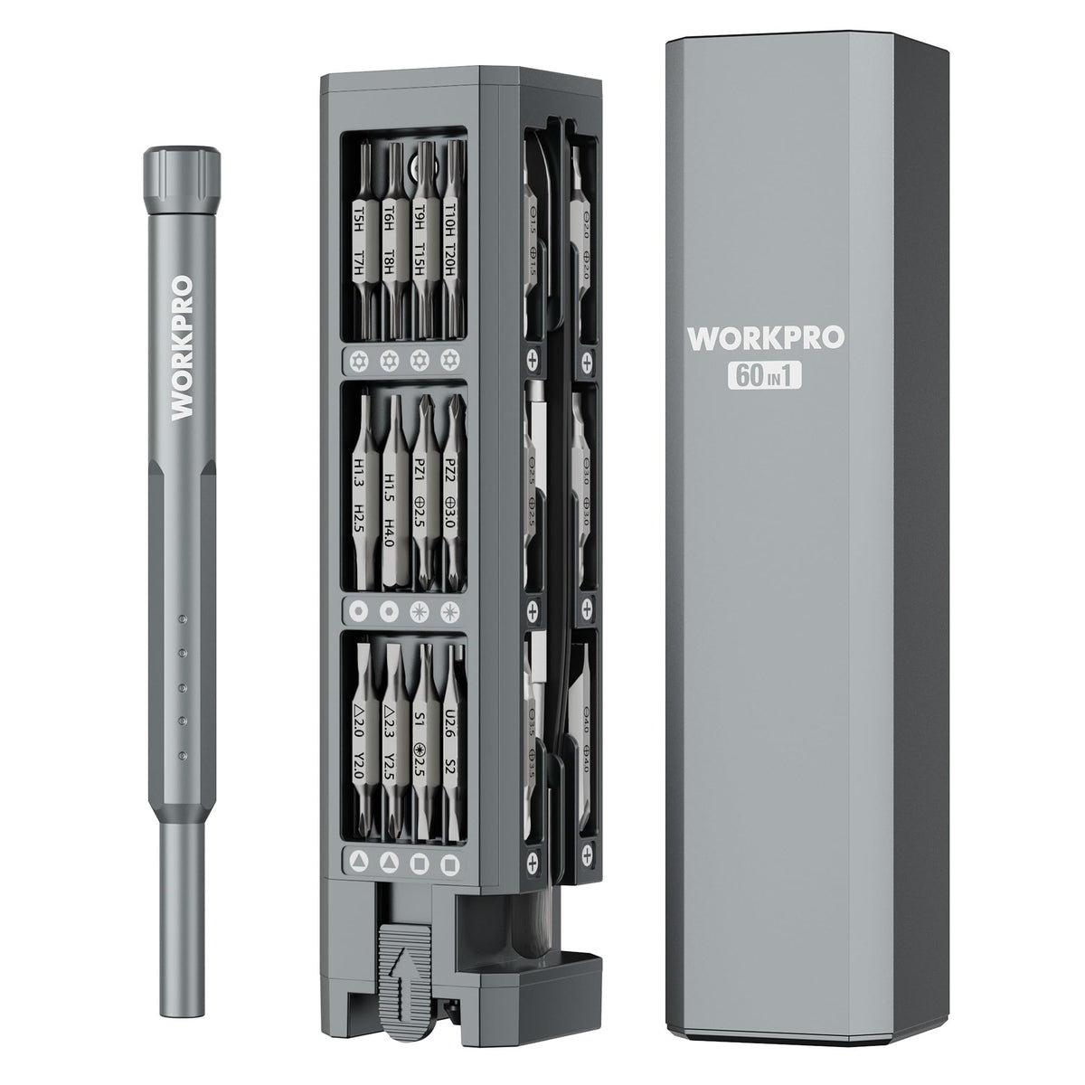 WORKPRO 60-in-1 screwdriver with pop-up case for organized electronics repairs