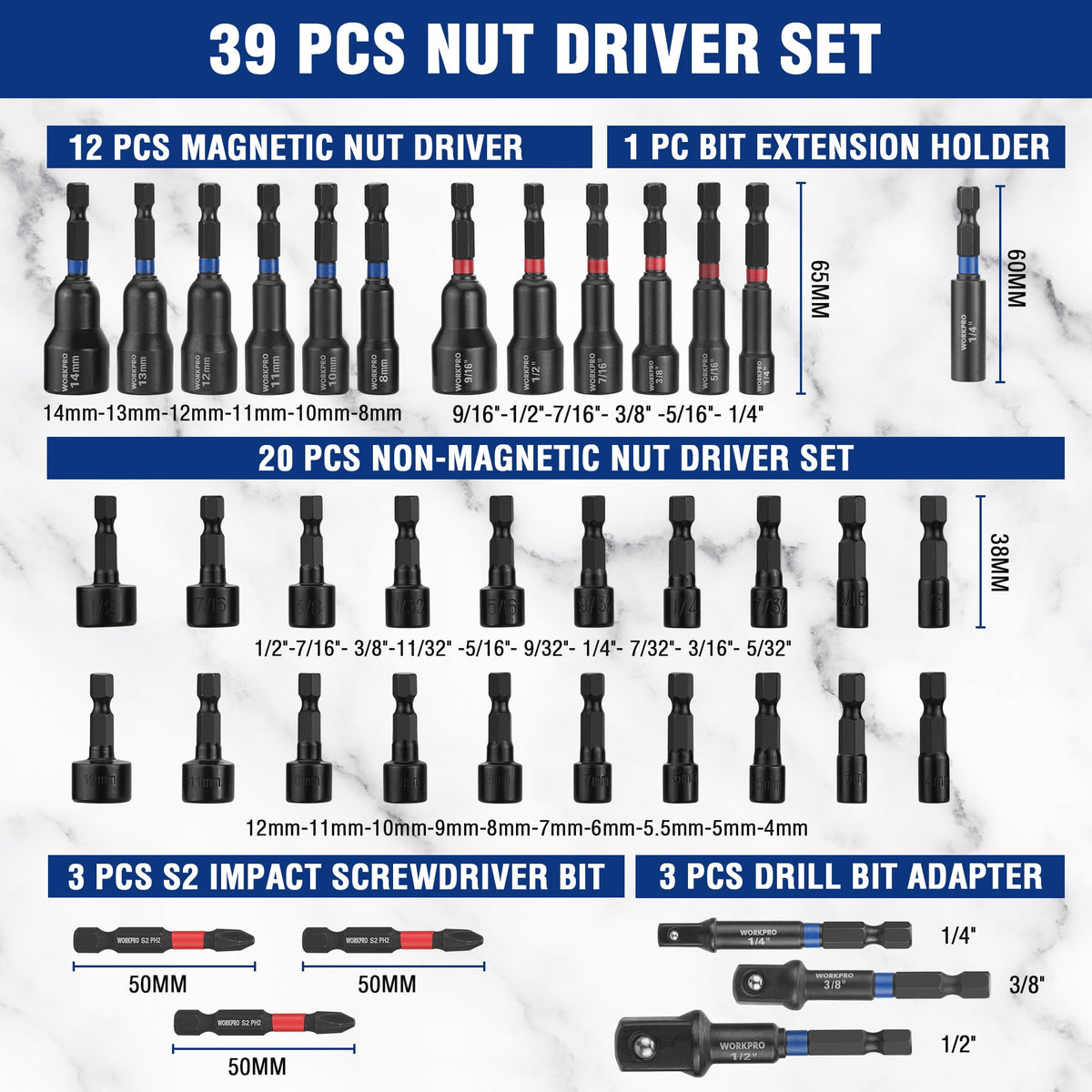 WORKPRO 65mm metric magnetic nut drivers for quick, secure bit alignment