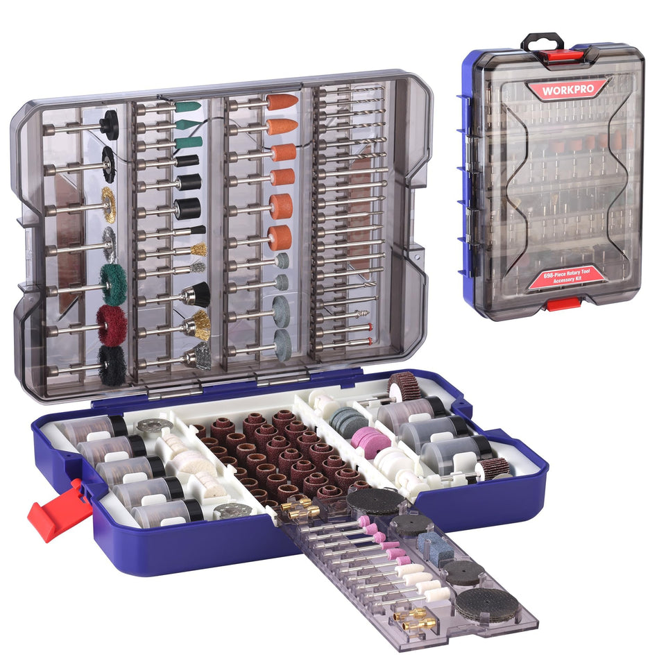 WorkPRO 698-piece kit case open with versatile accessories for DIY projects.