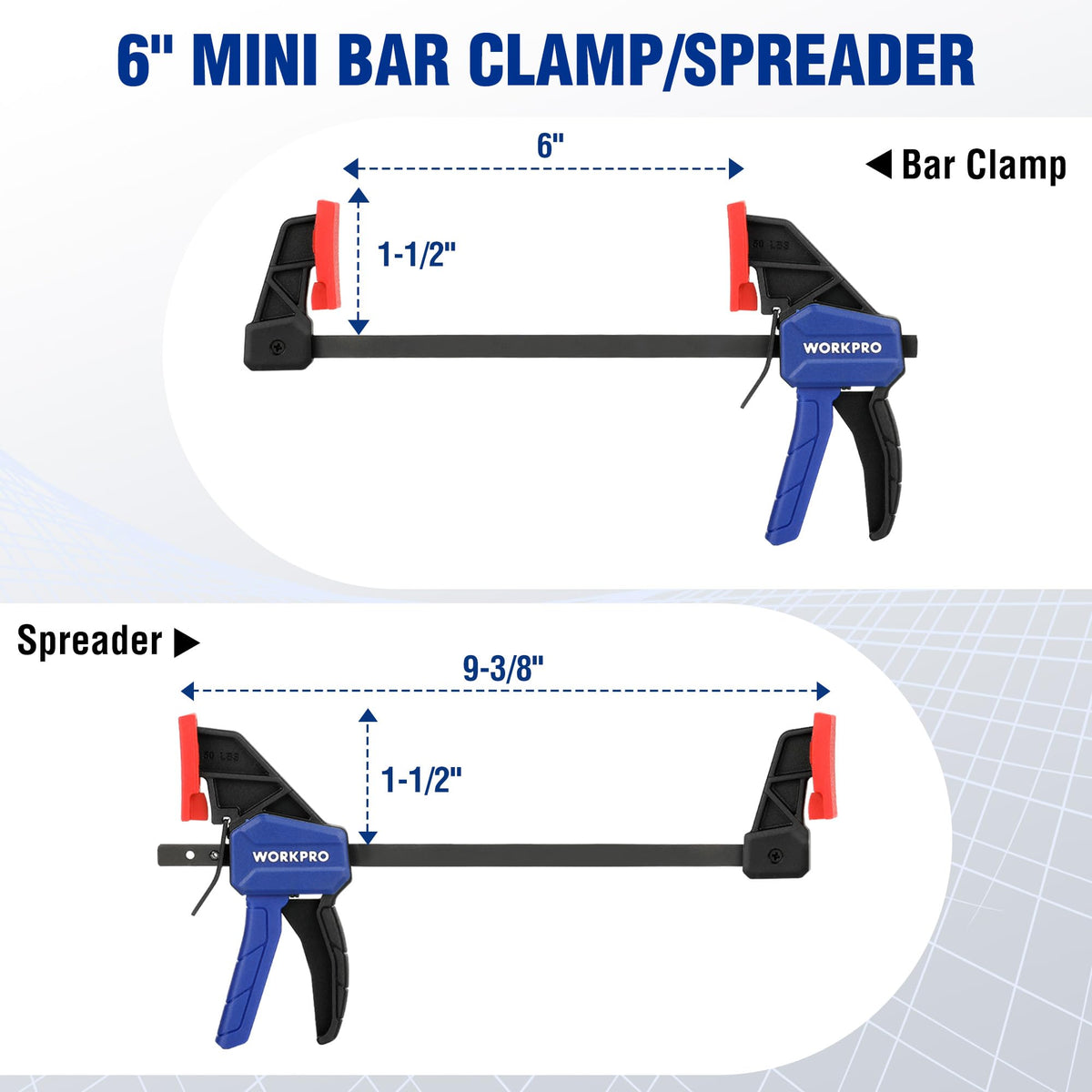 WORKPRO clamp shows screw conversion to spreader for versatile setup.