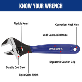 WORKPRO 6-inch wrench shows precise jaw adjustment for small fittings.
