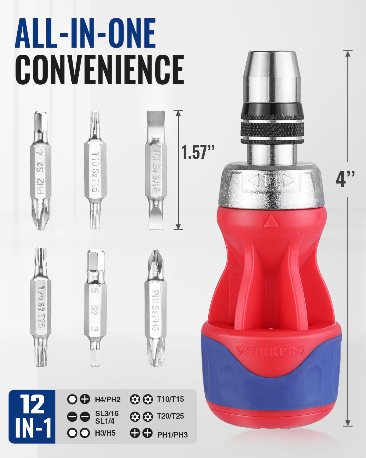 WorkPro 6pc double-ended bits stored in handle enable fast changes.