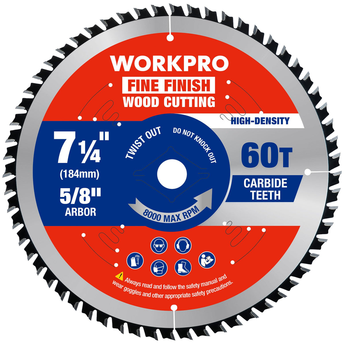 WORKPRO 7.25-inch 60T blade close-up for fine plywood cuts