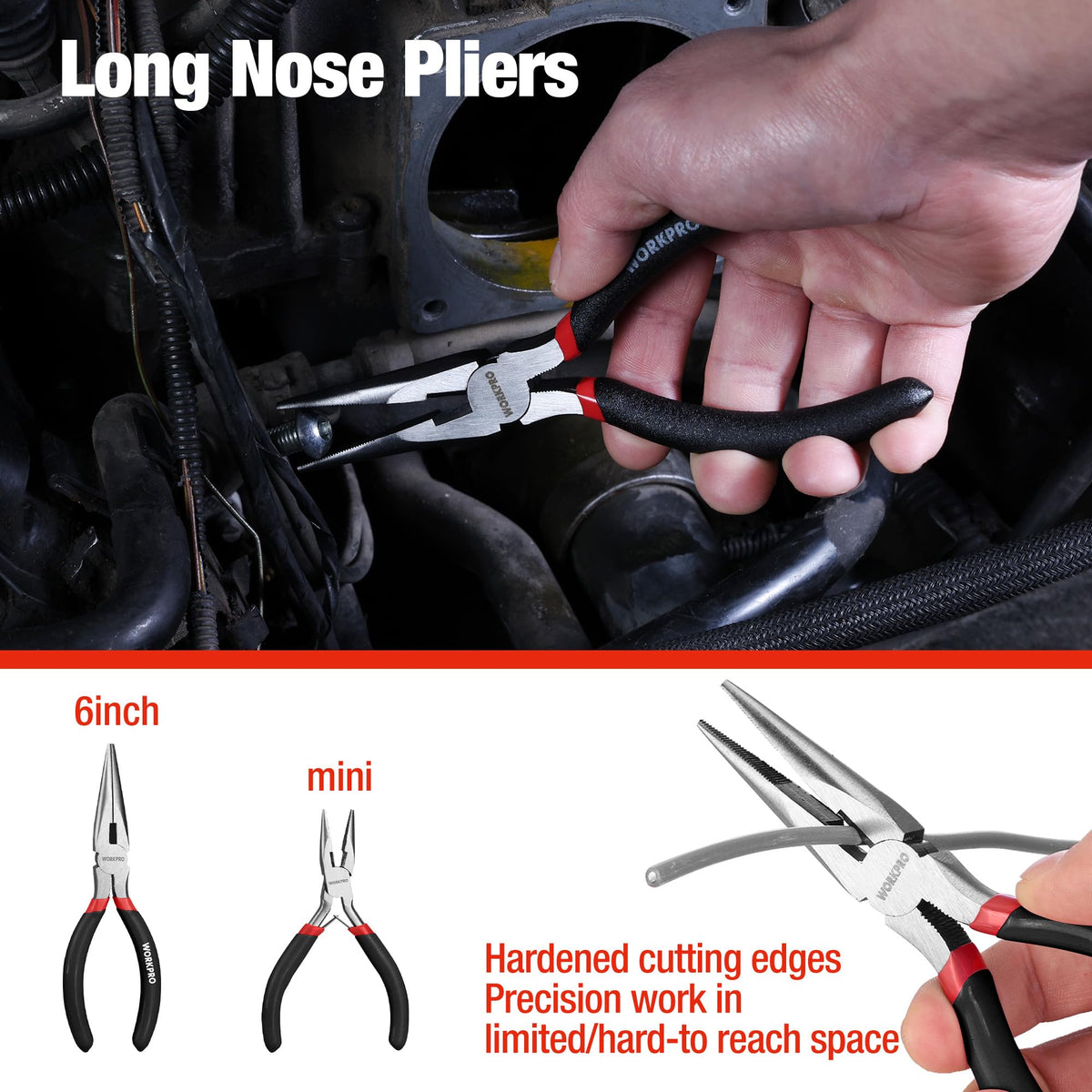 WORKPRO 4-1/2 inch long-nose pliers compact for small hardware tasks.