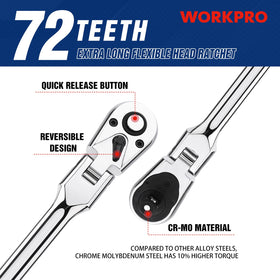 WORKPRO 72-tooth mechanism with 5-degree swing arc enables precise tight-space adjustments