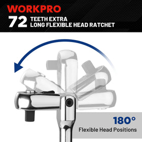 WORKPRO 72-tooth mechanism with a 5-degree swing for tight spots.