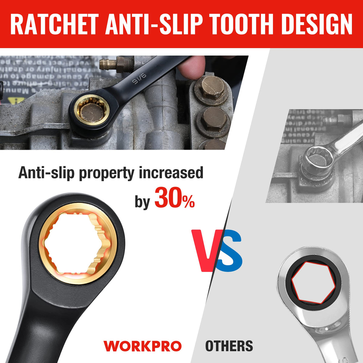 Close-up of WORKPRO 72-tooth ratchet system enabling effortless turns.