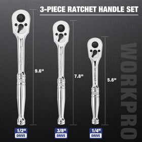 WorkPro 72-tooth ratchet with 5-degree swing for rapid socket changes.