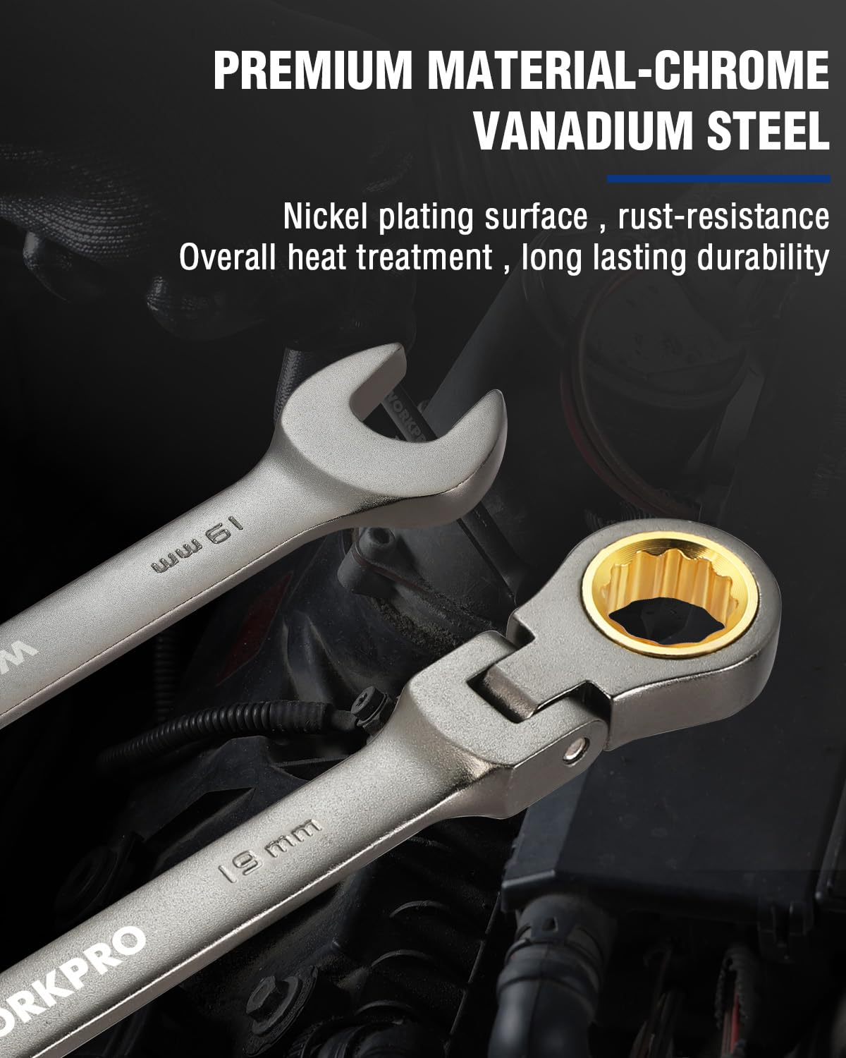WORKPRO 72-tooth ratchet mechanism allows precise adjustments in confined spaces.