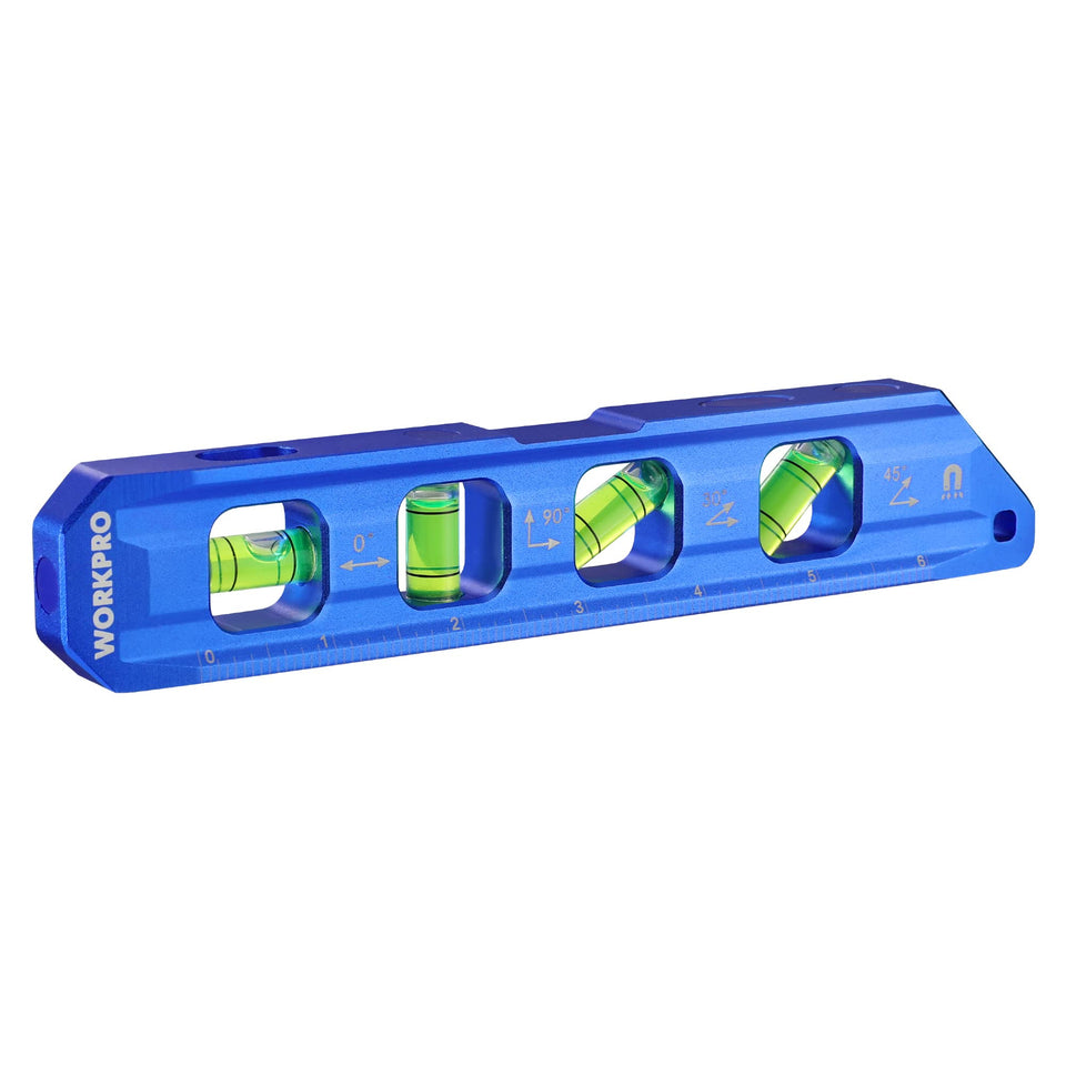 WORKPRO 8-Inch Magnetic Torpedo Level with strong magnets for hands-free measuring on iron surfaces.