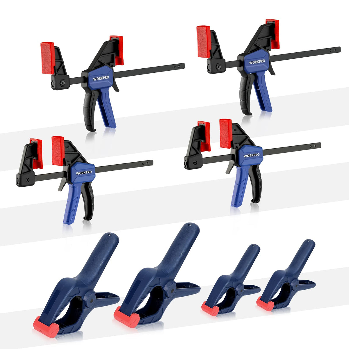 WorkPRO 8-piece clamp set shown in a woodworking assembly for steady joints.