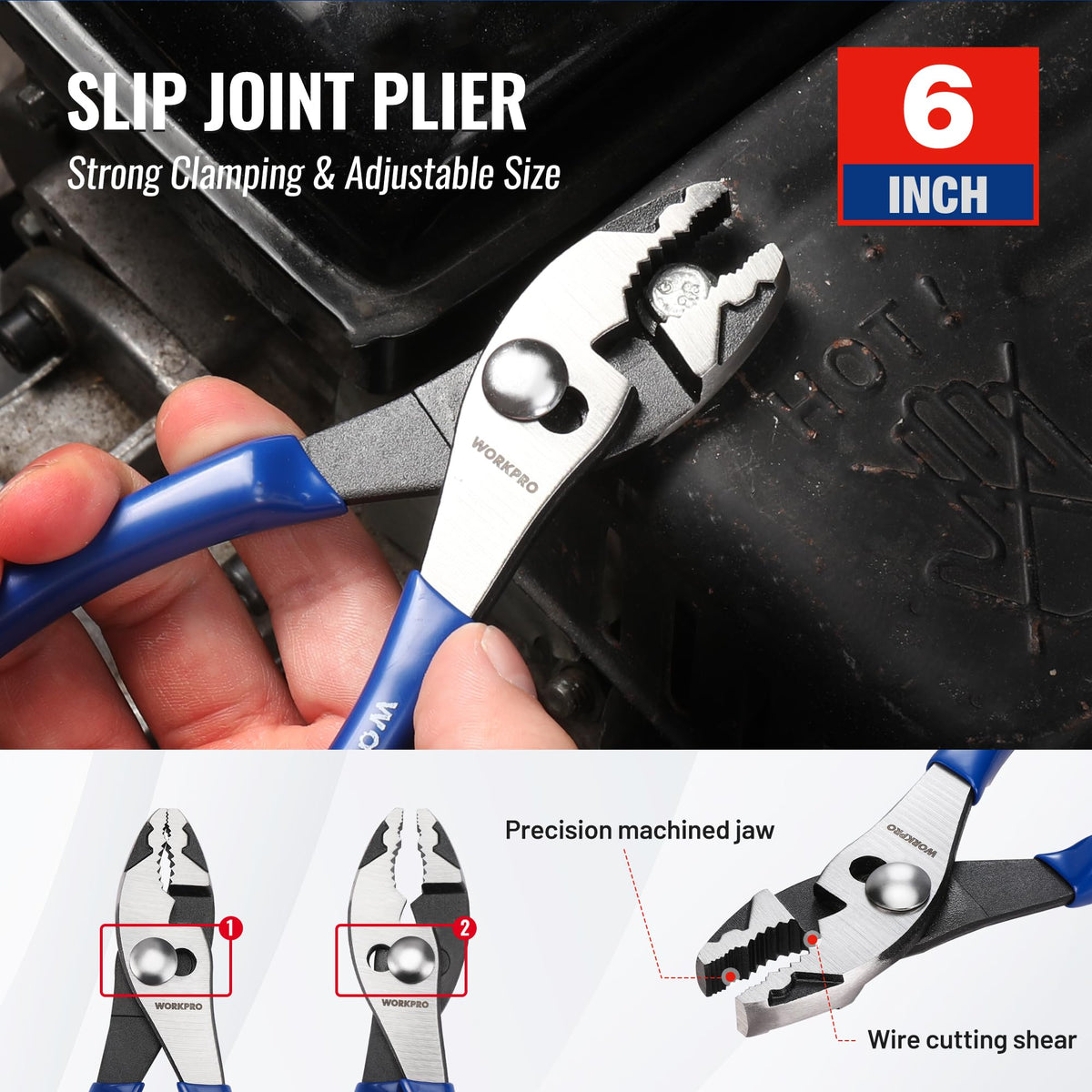 WORKPRO 8-inch groove-joint pliers ready to clamp bolts and pipes
