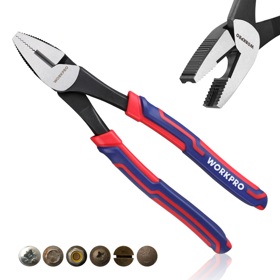 WORKPRO 8in Linesman Screw Extractor Pliers with non-slip jaws for secure removal of damaged screws.