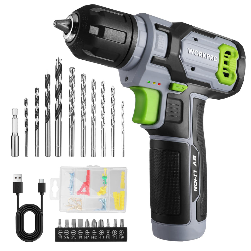 Workpro 8V cordless drill with 53pc kit for quick home repairs