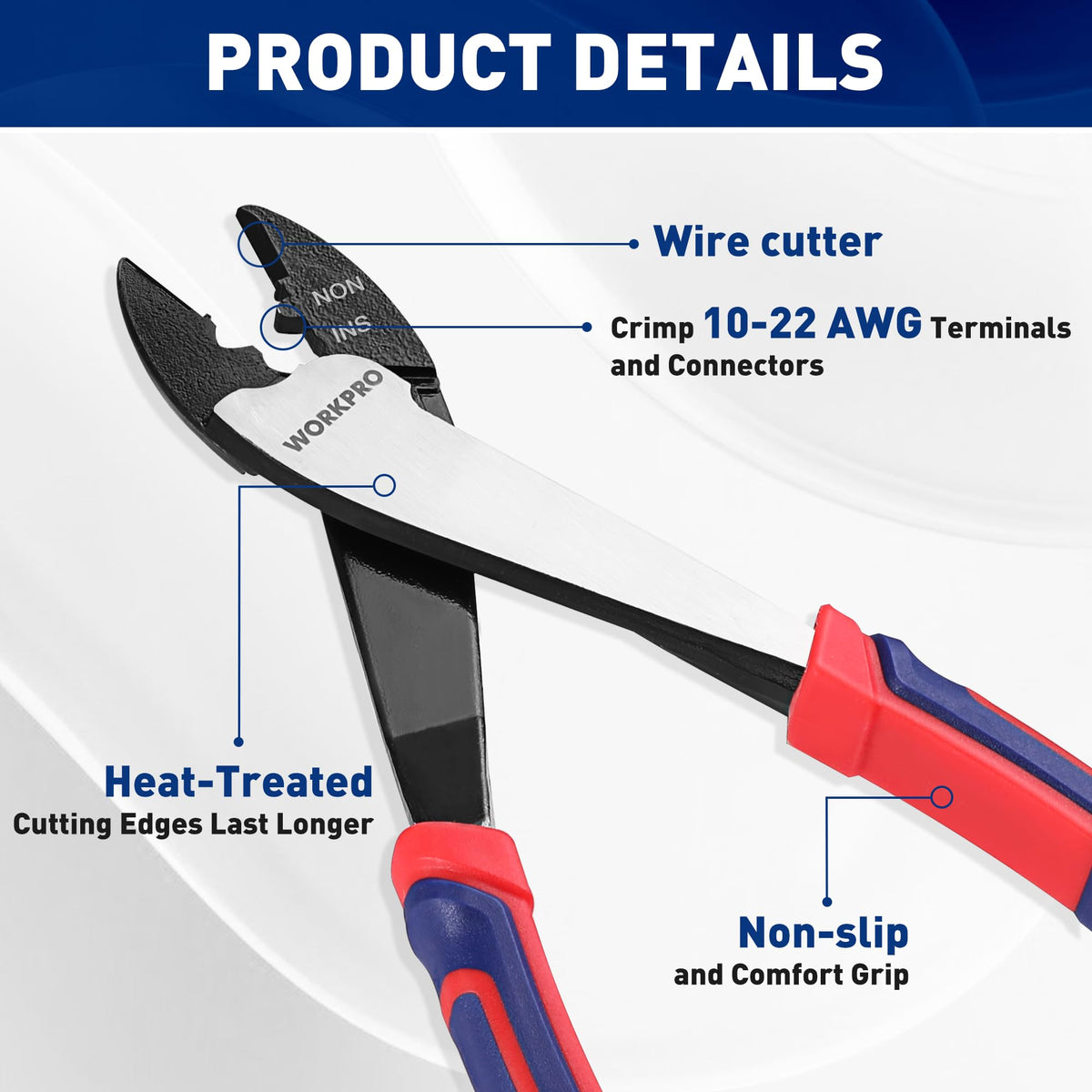WORKPRO 9.5-inch cutter-crimper grips and crimps terminals with ease.