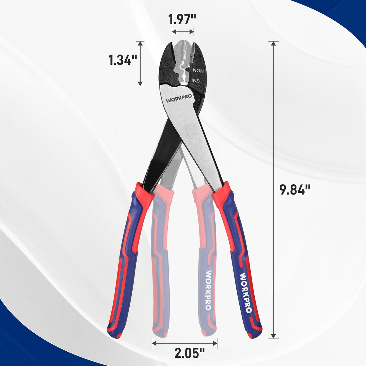 WORKPRO 9.5-inch cutter-crimper demonstrates cutting action for insulated and non-insulated terminals.