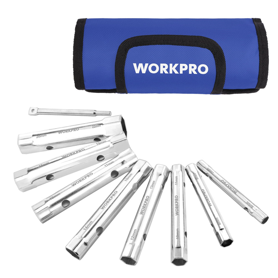 WORKPRO 9-piece shower valve set stored in roll for on-the-go repairs
