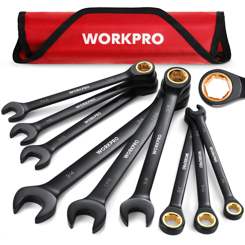WORKPRO 9-piece anti-slip ratcheting wrenches in action for tight spaces.