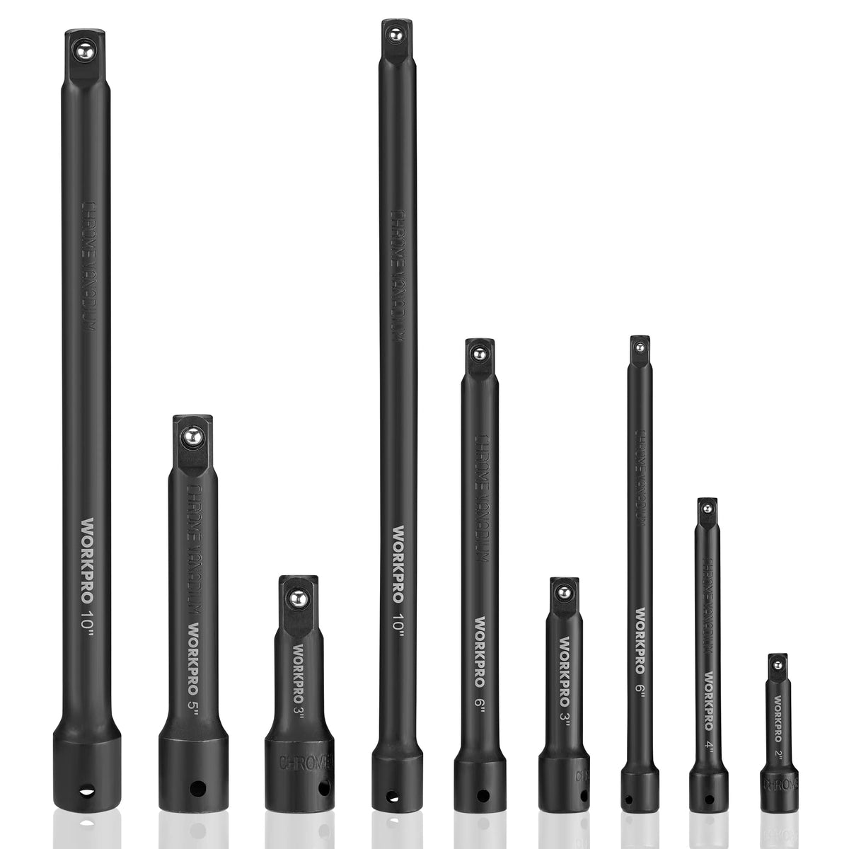 WORKPRO 9pc extension bar 2in 1/4 drive showing deep socket access