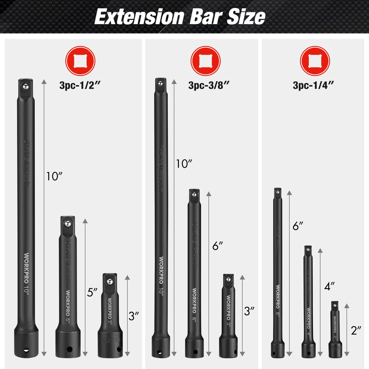 WORKPRO 9pc extension bars 4in 1/4 drive enabling reach in tight spaces