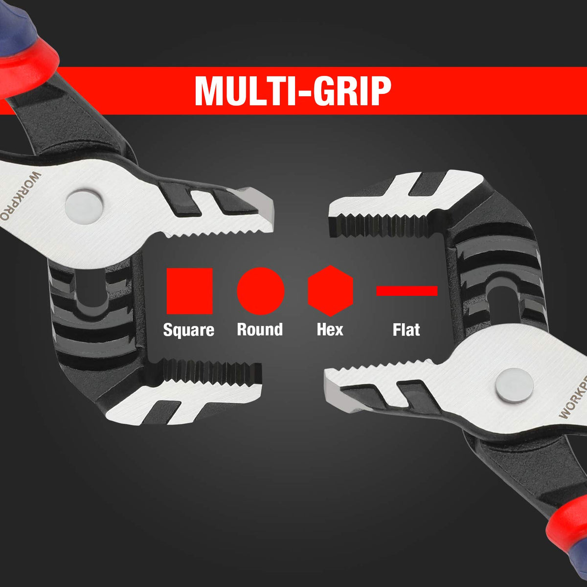 WORKPRO adjustable groove joint plier with tongue enables versatile grip on pipes and fittings.