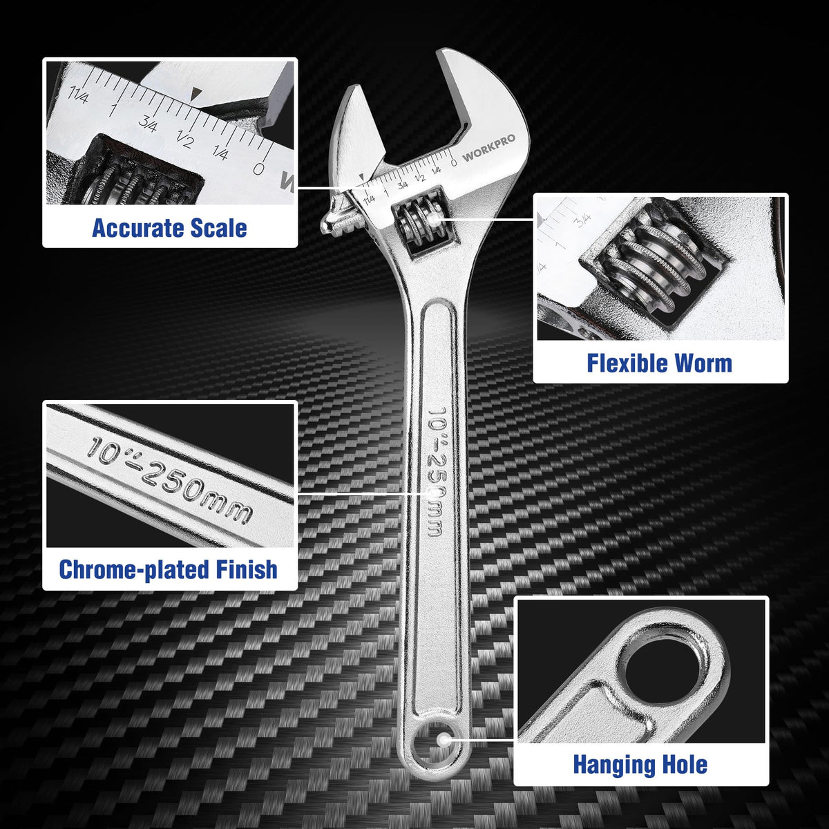 WORKPRO 10-inch wrench with chrome-plated finish resists corrosion