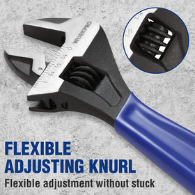 WORKPRO adjustable wrench 12-inch demonstrating wide jaw range and leverage for tough jobs
