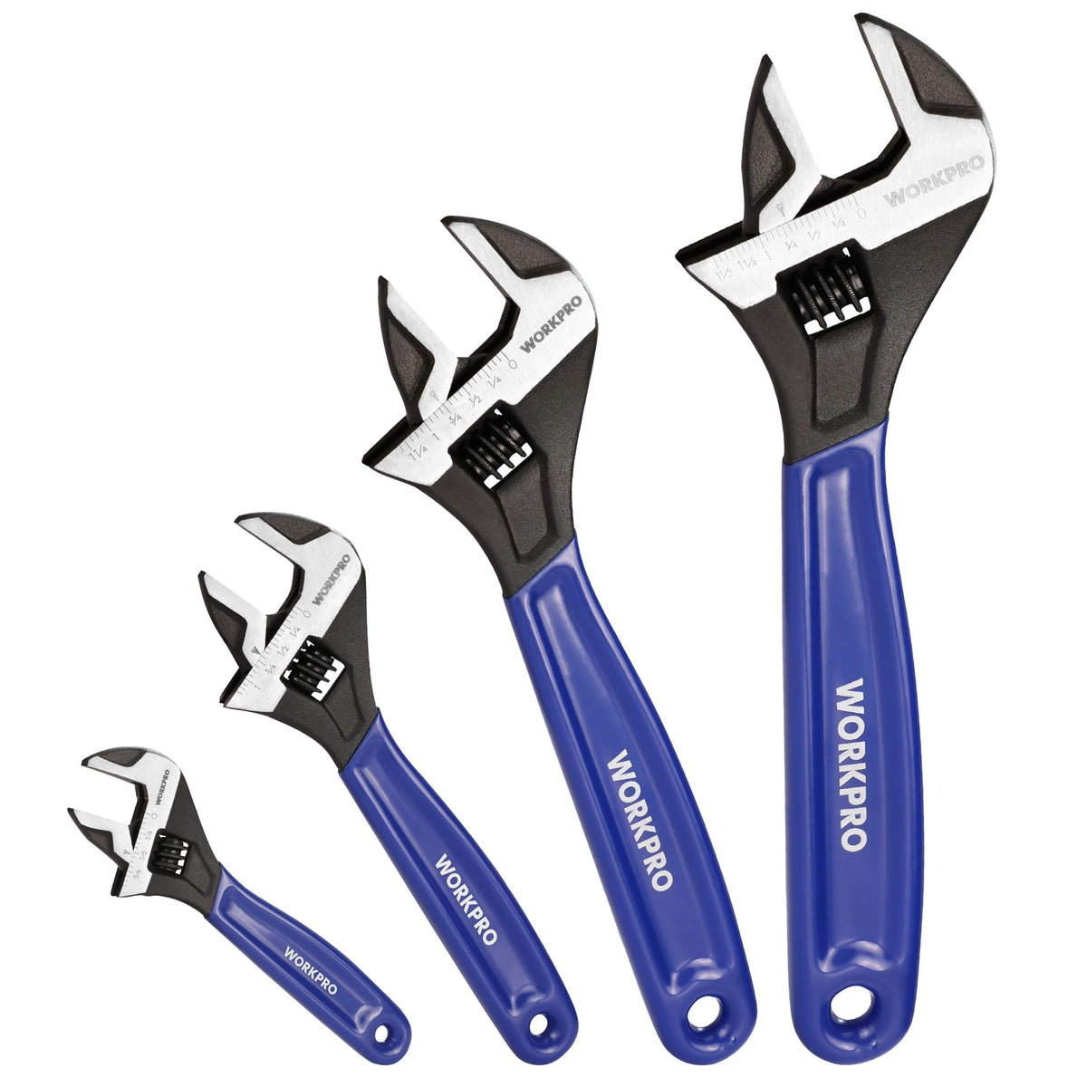WORKPRO adjustable wrench 6-inch jaw close-up showing precise sizing for quick adjustments