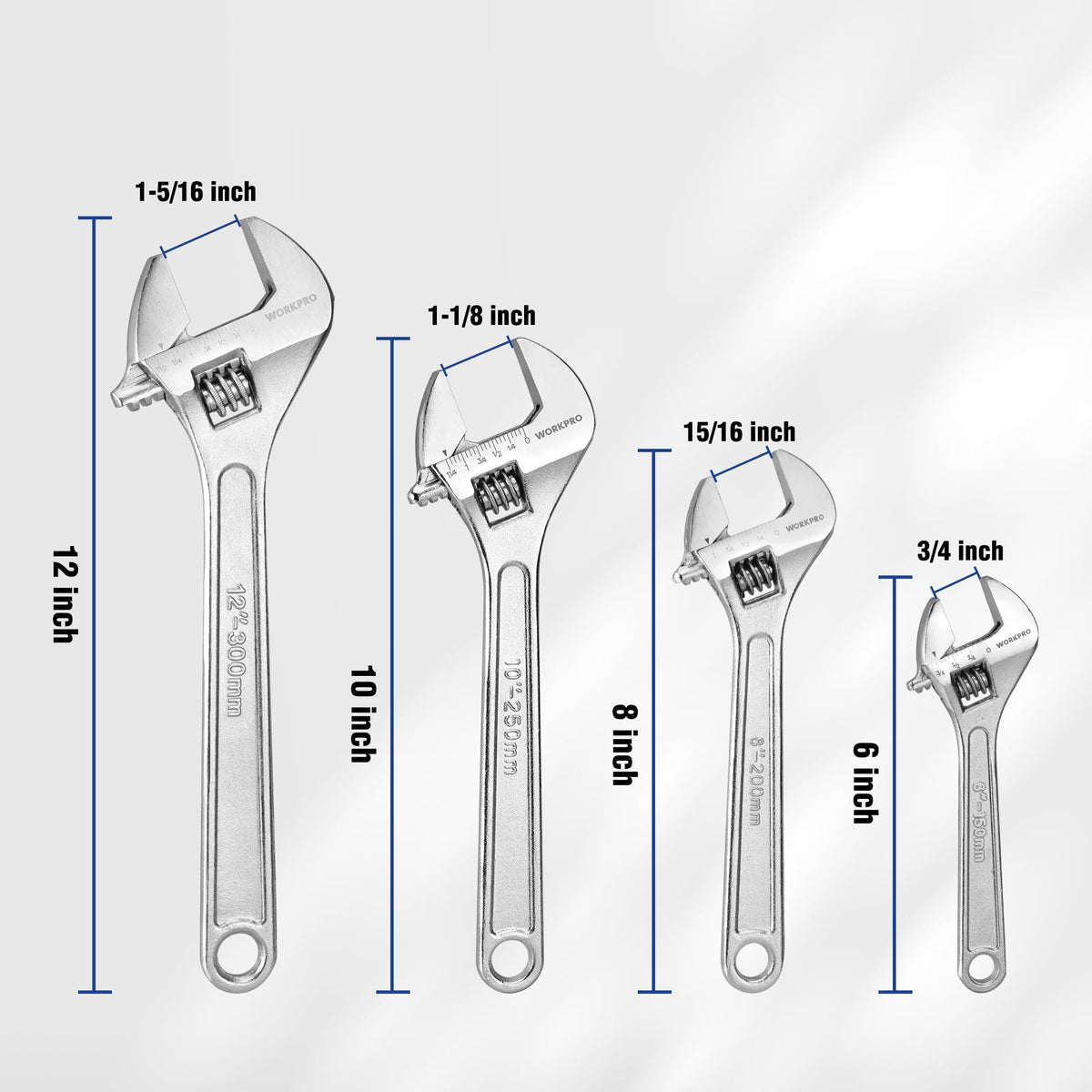 WORKPRO 8-inch adjustable wrench showing rugged I-beam construction