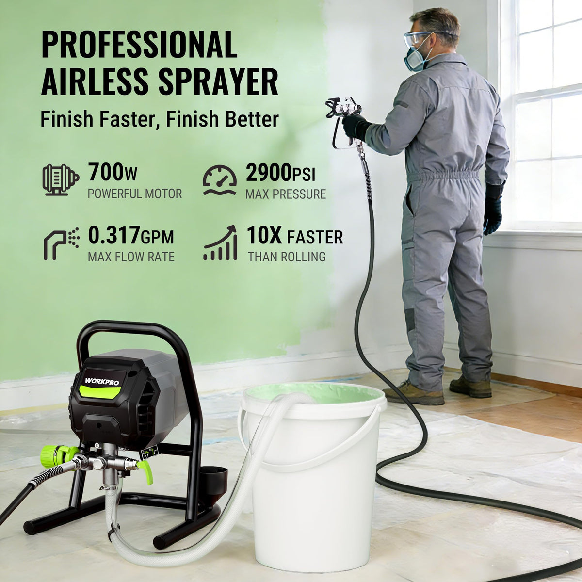 WORKPRO airless sprayer smooth finish minimizes overspray for clean walls.