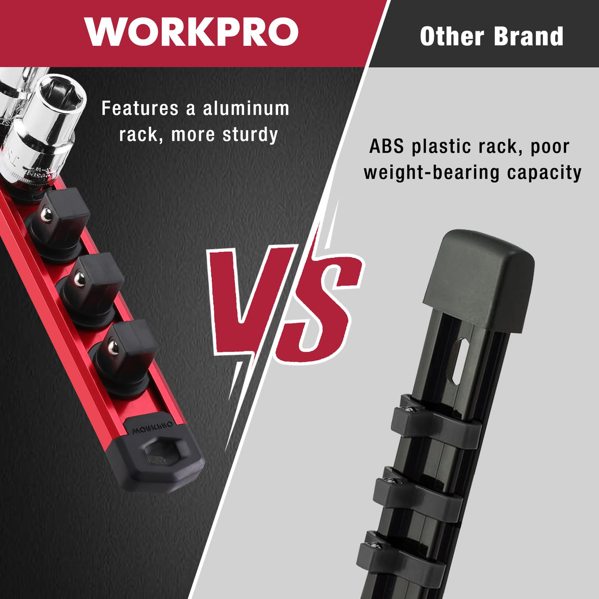 WORKPRO aluminum socket tray provides sturdy support for heavy-duty tools.