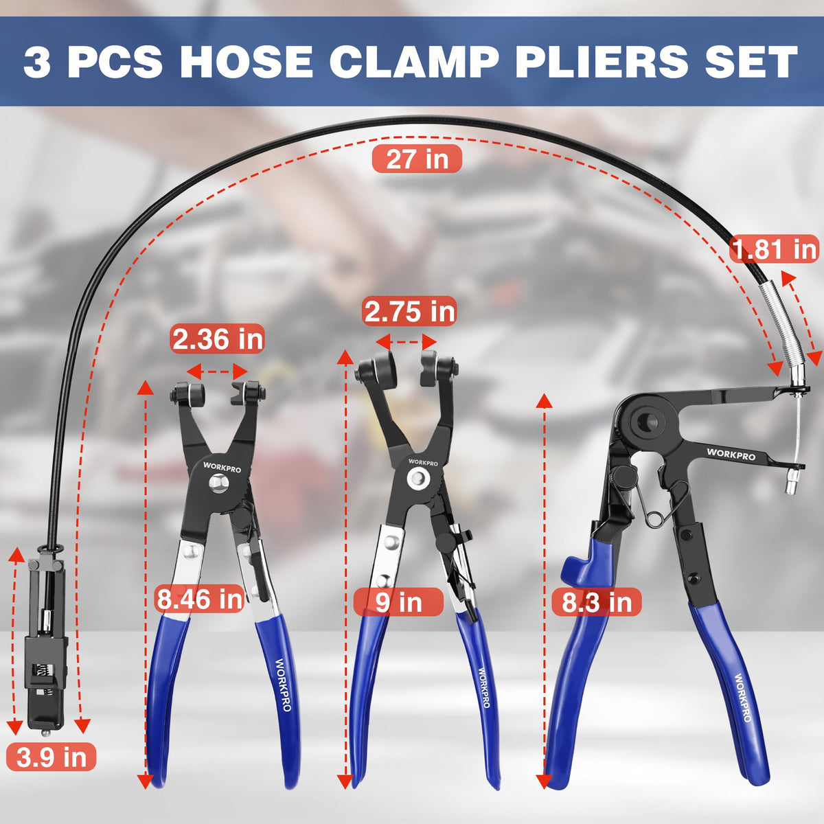 WORKPRO angled hose clamp pliers reach tight spots for precise installation.