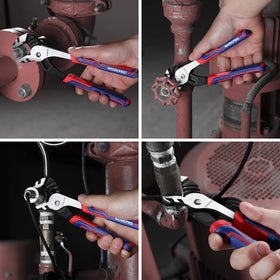 WORKPRO groove joint plier set shown in use for plumbing and home maintenance tasks.