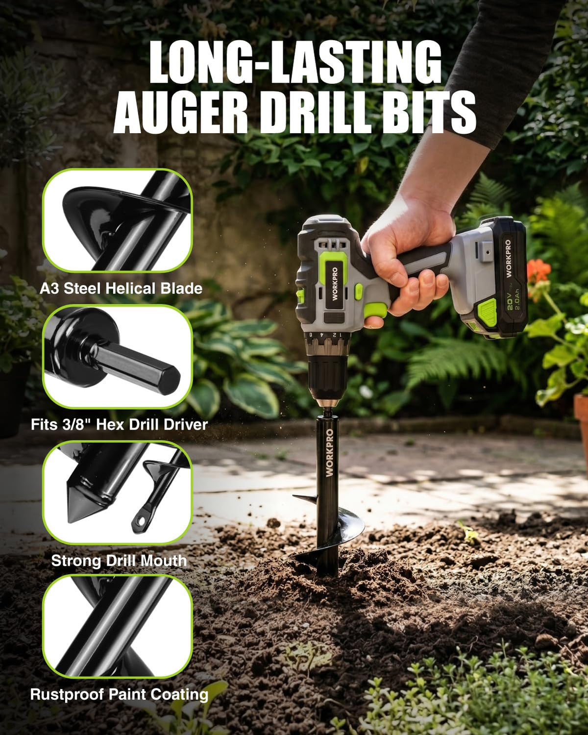 WORKPRO auger bit waterproof coating for all-season use.