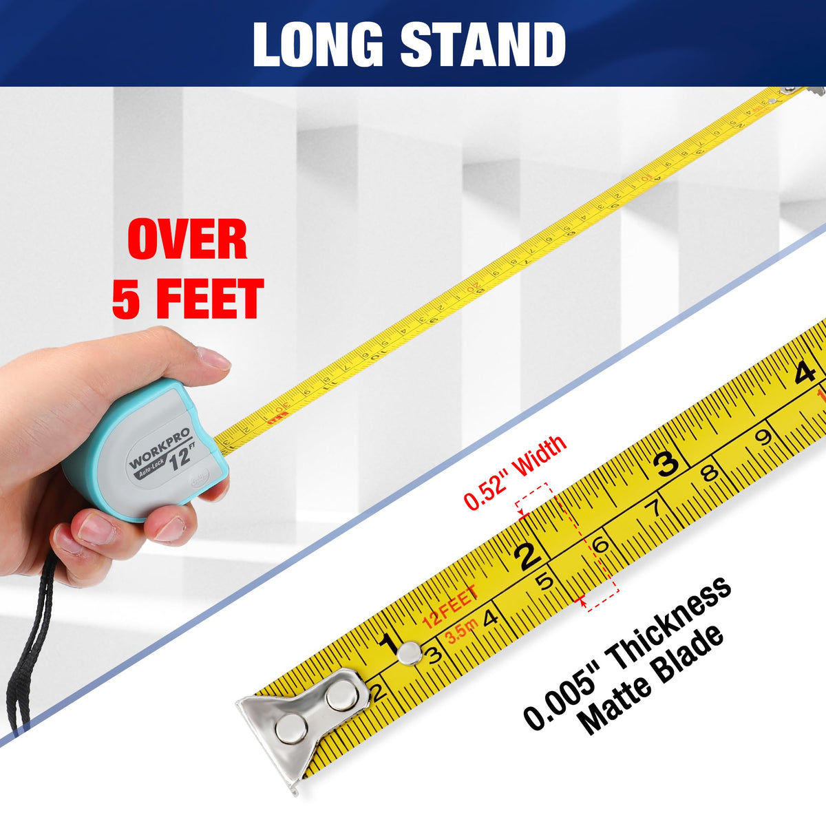 WORKPRO auto-lock tape measure locks measurements securely for one-handed use