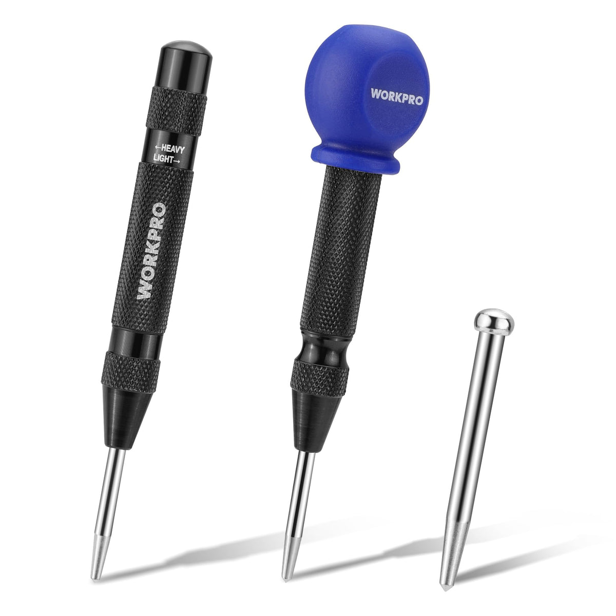 WORKPRO automatic center punch with ball cap for palm protection during marking.