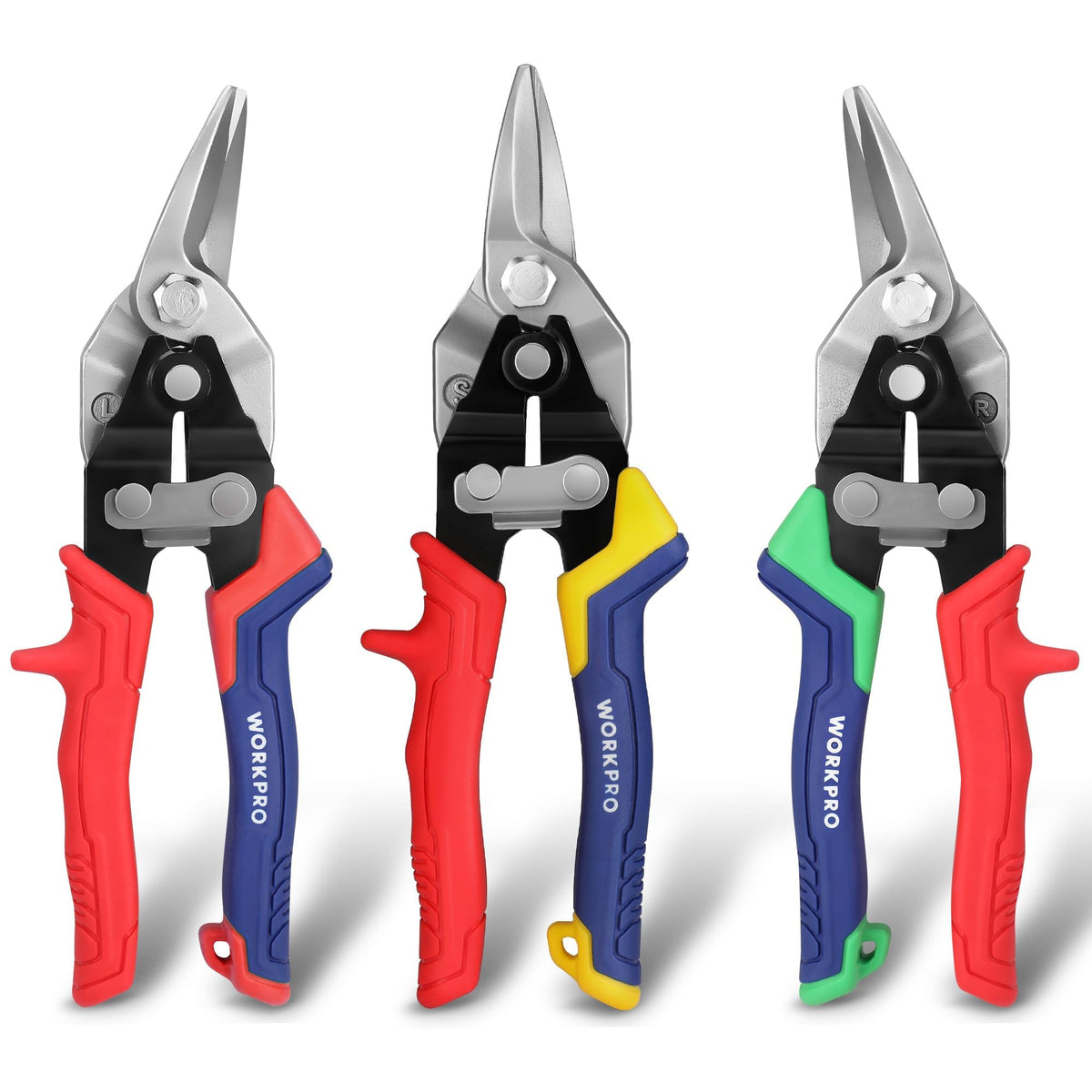 WORKPRO aviation tin snips left-cut 8in for precise left-side metal cuts.