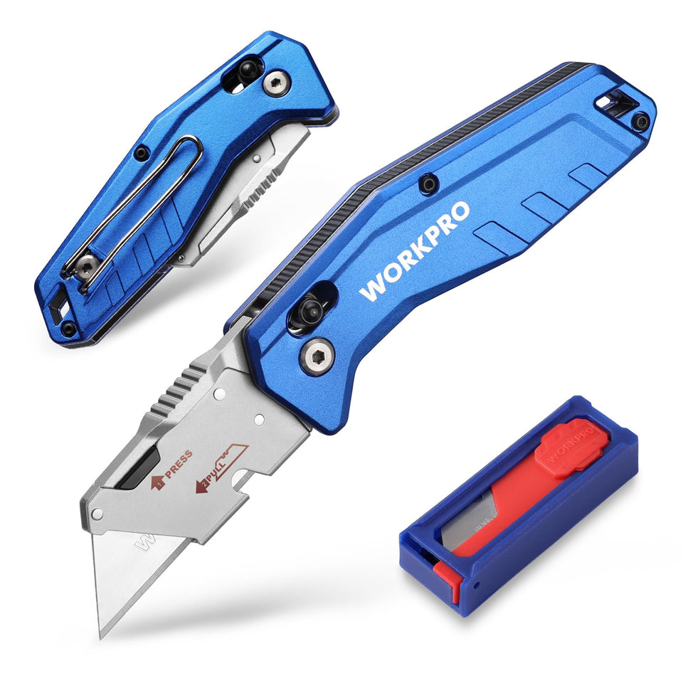 WORKPRO Axis Lock folding knife showing secure locking for safe, precise cuts.