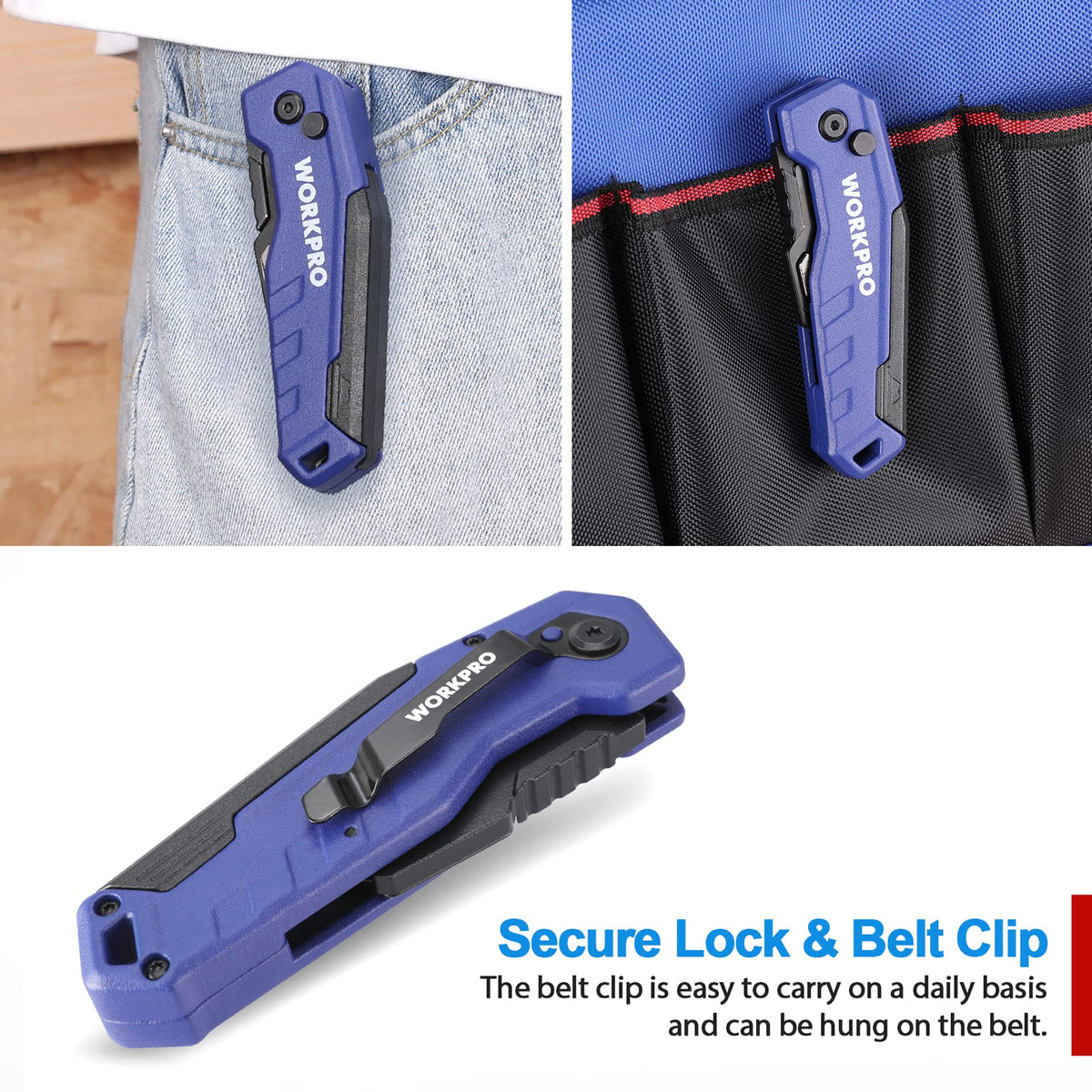 WORKPRO back clip enables easy carry on belt or pocket.